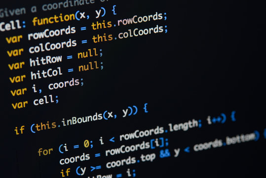 Real Java Script code developing screen. Programing workflow abstract algorithm concept. Closeup of Java Script and HTML code.
