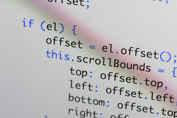 Real Java Script code developing screen. Programing workflow abstract algorithm concept. Closeup of...
