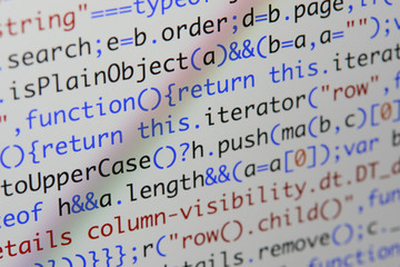 Real Java Script code developing screen. Programing workflow abstract algorithm concept. Closeup of...