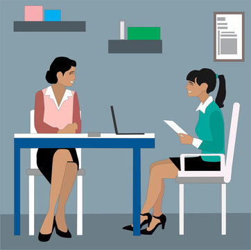 Office teamwork. Young creative business women discussing ideas in office. Business meeting around table concept illustration vector.