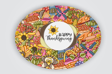 Happy Thanksgiving greeting card. Doodle background with typography. Vector illustration.