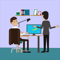 Senior and junior businessman discussing at the table together with computer. Businesspeople analysing graphs, charts and diagrams on PC screen concept illustration vector.