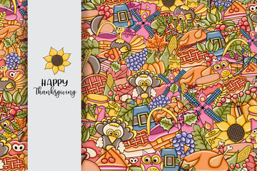Fototapeta na wymiar Happy Thanksgiving greeting card. Doodle background with typography. Vector illustration.