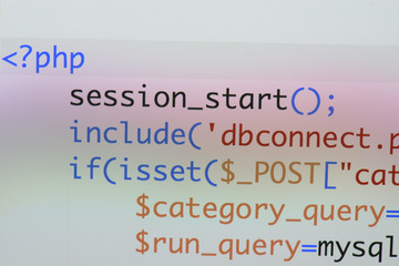 Real Php code developing screen. Programing workflow abstract algorithm concept. Lines of Php code...