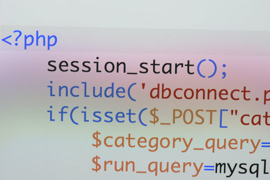 Real Php code developing screen. Programing workflow abstract algorithm concept. Lines of Php code visible.