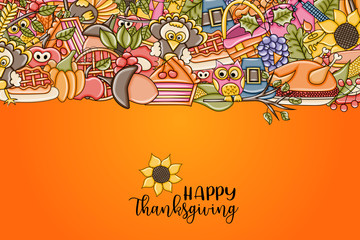 Happy Thanksgiving greeting card. Doodle background with typography. Vector illustration.