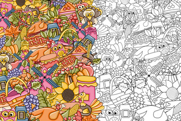 Thanksgiving doodle background. Black and white coloring page game. Vector illustration.