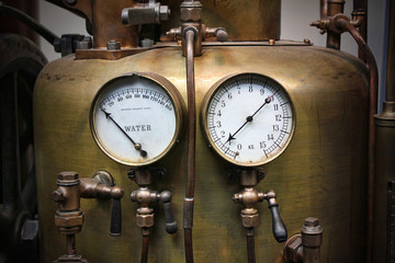 Old vintage copper high pressure balloon with 2 air gage manometer