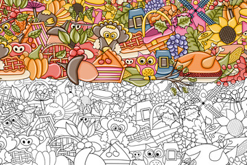 Thanksgiving doodle background. Black and white coloring page game. Vector illustration.