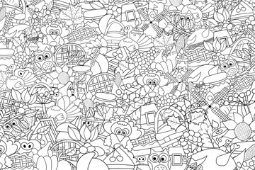 Thanksgiving doodle background. Black and white coloring page game. Vector illustration.