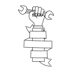 hand holding wrench with decorative ribbon around of arm monochrome dotted silhouette