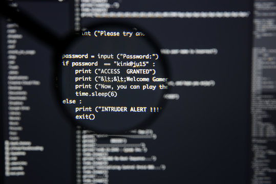 Real Python code developing screen. Programing workflow abstract algorithm concept. Lines of Python code visible under magnifying lens.