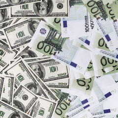 Fake dollars and euros. Background with money. Top view.