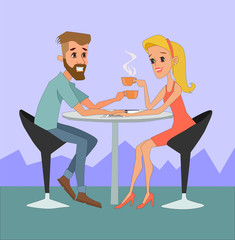 Happy man and woman sitting at the table with coffee in restaurant. Friends, colleagues, business meeting concept illustration vector.