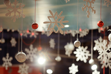 Christmas ornaments snowflake background blur city