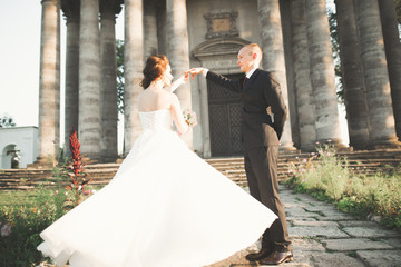 Amazing happy gentle stylish beautiful romantic caucasian couple on the background ancient baroque castle