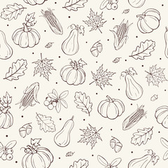 Seamless autumn pattern with pumpkins, maple and oak leaves and cranberries. Thanksgiving tiled background.