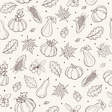 Seamless autumn pattern with pumpkins, maple and oak leaves and cranberries. Thanksgiving tiled background.