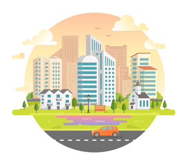 Cityscape with skyscrapers in a round frame - modern vector illustration