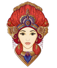 Young beautiful girl in rich decorated costume in oriental style