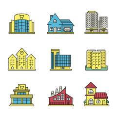 City buildings color icons set