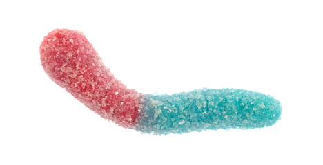 A sugar coated sour tasting red and blue gummy worm isolated on a white background.