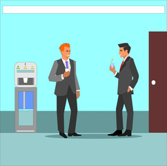 Two business colleague holding coffee cups and talking while standing in office. Coffee break concept illustration vector.