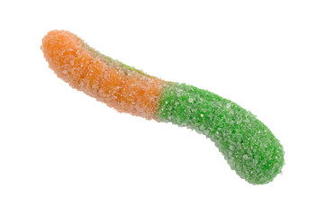 A sugar coated sour tasting orange and green gummy worm isolated on a white background.