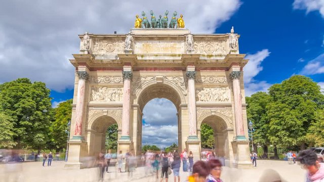 Triumphal Arch timelapse hyperlapse at Tuileries gardens in Paris, France.