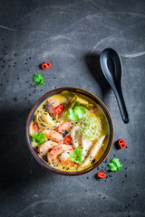 Tasty Malaysian Soup with chicken and shrimps