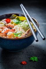 Delicious Malaysian Soup with chicken and shrimps