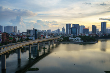 Aerial skyline view of Hanoi. Hanoi cityscape at twilight at Hoang Cau lake