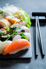 Tasty sushi set with shrimps and rice