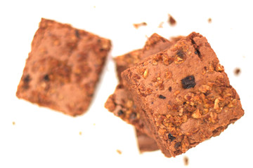 Spot focus Homemade organic brownies on white background
