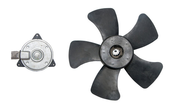 Isolated Auto part, Old Bad Car cooling fan with motor.