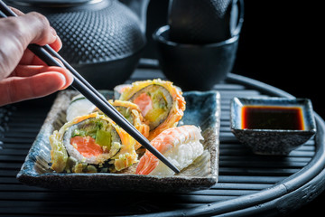 Enjoy your sushi set made of fresh vegetables and seafood