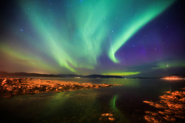 Beautiful picture of massive multicolored green vibrant Aurora Borealis, Aurora Polaris, also know as Northern Lights in the night sky over Norway, Scandinavia - obrazy, fototapety, plakaty