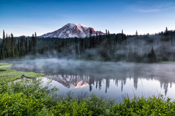 Scenic view of Mount Rainier reflected across the reflection lakes