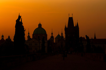 Naklejka premium Silhouette summer sunrise aerial view of Charles Bridge in Prague, Czech Republic