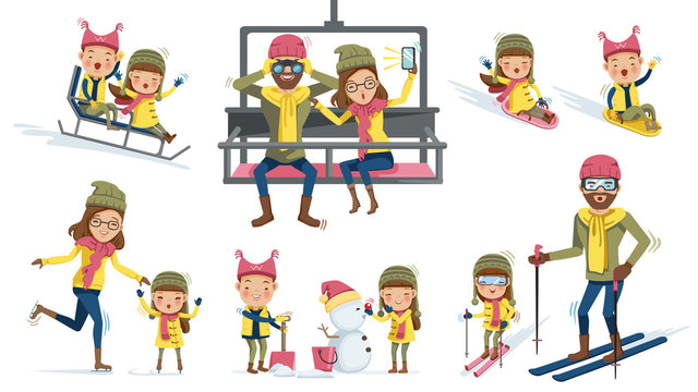 Sports Winter activities father, mother, son, daughter. Design collection of decorative icons with happy family engaged in winter sports on holidays.  vector illustration 