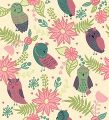Vector seamless pattern with owls and flowers