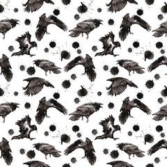 Halloween watercolor set with black birds and ink blots