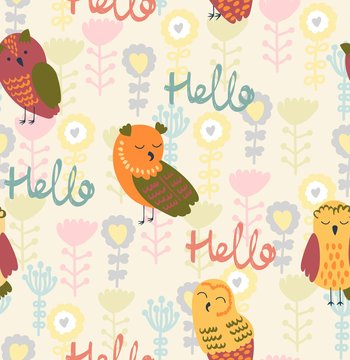 Vector seamless pattern with owls and flowers. Hello.