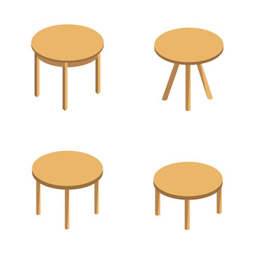 isometric vector set of round tables. round coffee table, small table with three legs,dining round table. Wooden round table isolated on white background