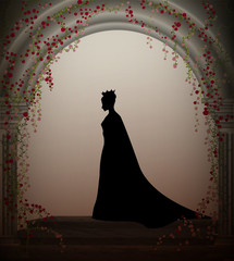 queen in the castle window entwined with red roses liana, lonely princess in castle, vector, © fona