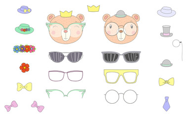 Hand drawn vector illustration of a cute funny bear heads with a set of different glasses, sunglasses, trendy hats and accessories.