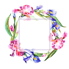 Wildflower iris flower frame in a watercolor style. Full name of the plant: blue iris. Aquarelle wild flower for background, texture, wrapper pattern, frame or border.
