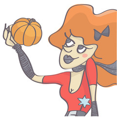 Cute woman witch holding a pumpkin, isolated vector cartoon on white background