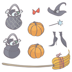 Collection of witch stuff for Halloween, isolated vector cartoon on white background