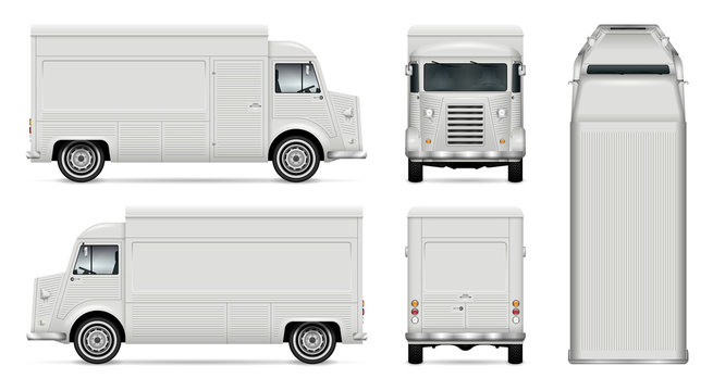 Food truck vector mock up for car branding, advertising, corporate identity. Mobile kitchen retro van template. All layers and groups well organized for easy editing. View from side, front, back, top.
